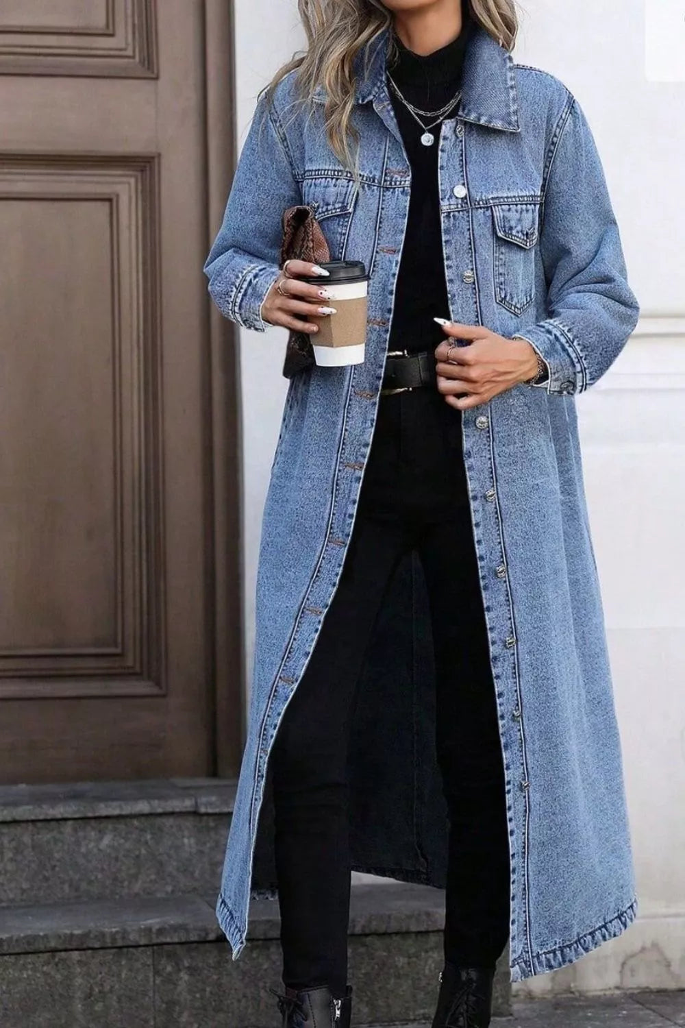 Longline Button Down Denim Jacket in Blue detail