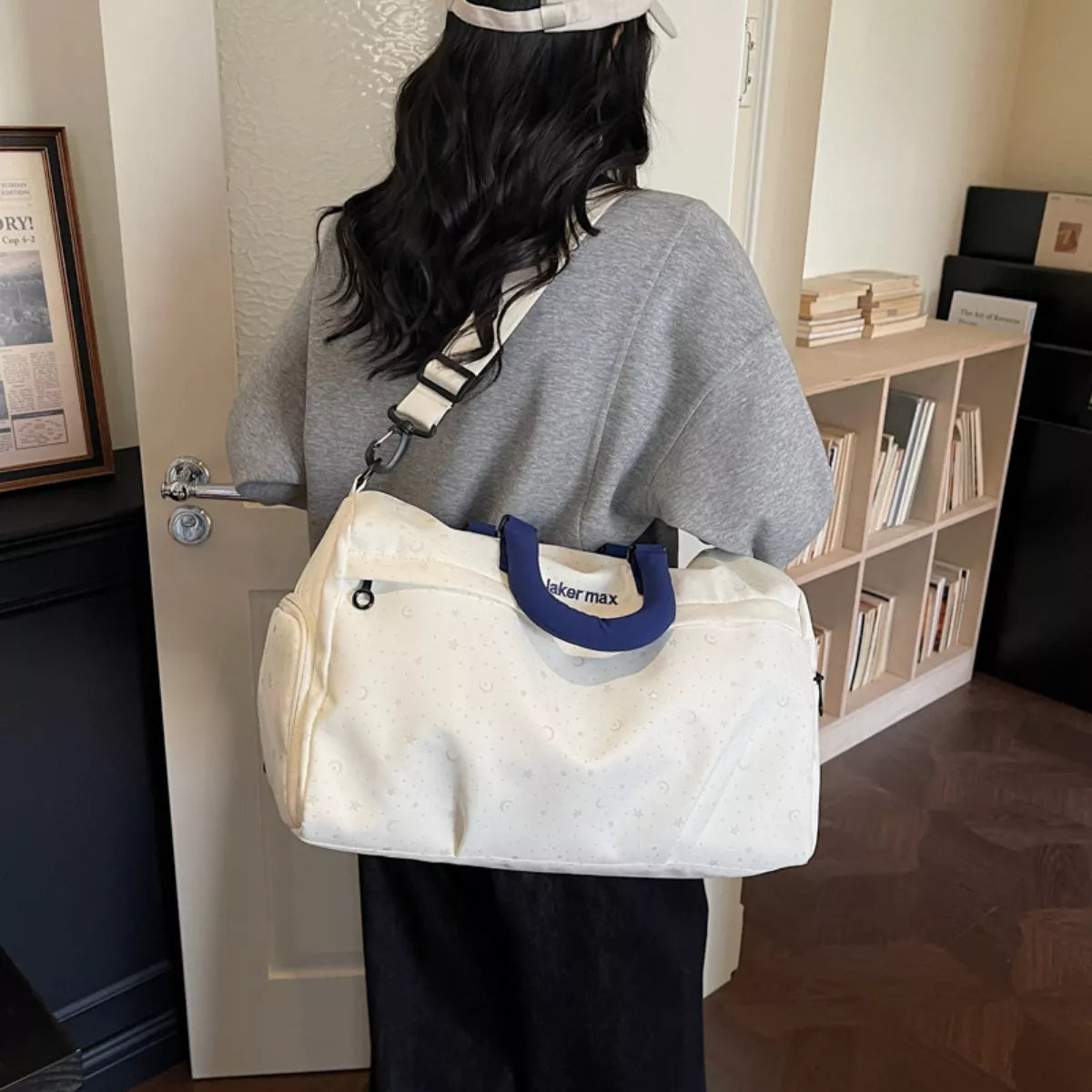 Cream white lightweight nylon duffel front view