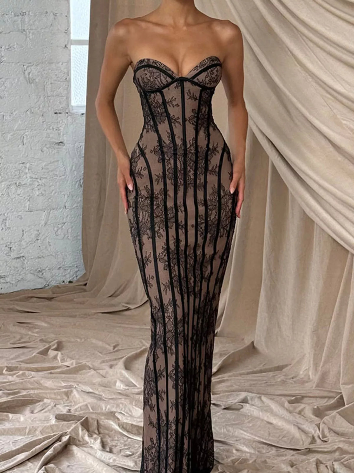 Lace Up Back Strapless Maxi Dress full length view