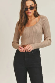 MABLE Long Sleeve Crop Sweater Top and Inner Bra Set Mocha - Fashorio