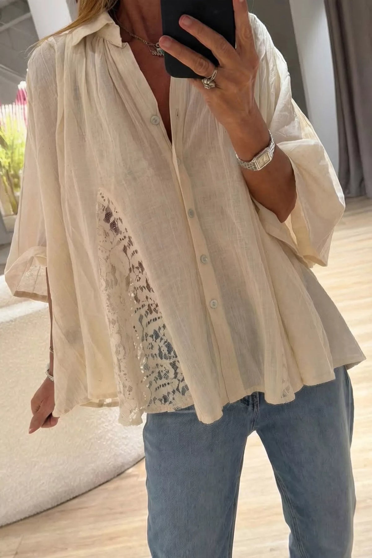 Sheer Lace Splicing Detail Bracelet Sleeve Loose Flowy Shirt back view