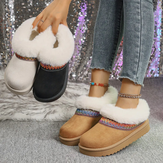 Fur-Lined Platform Boots with Decorative Woven Strap - Fashorio