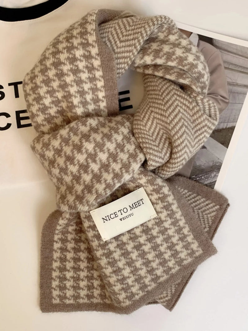 Houndstooth pattern winter scarf shown at full length