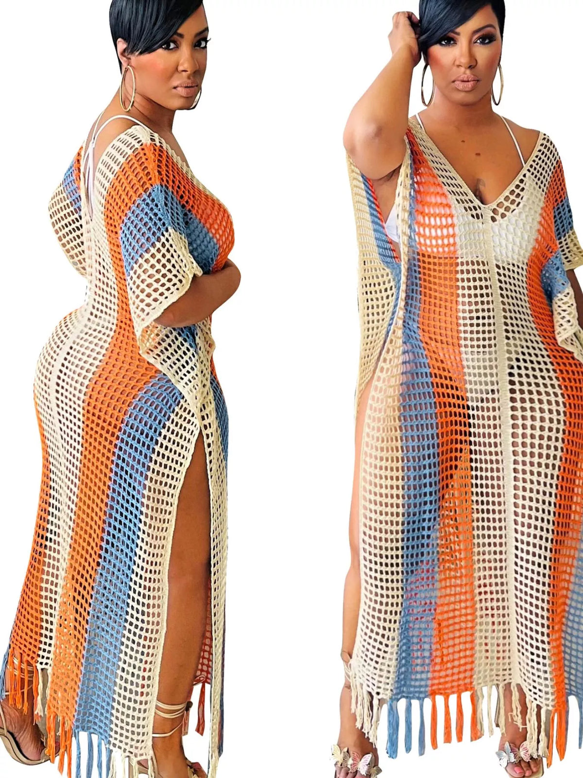 Sherbet striped crochet cover up dress side split view