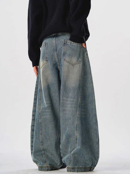Men's Vintage Washed Wide Leg Curved Jeans - Fashorio