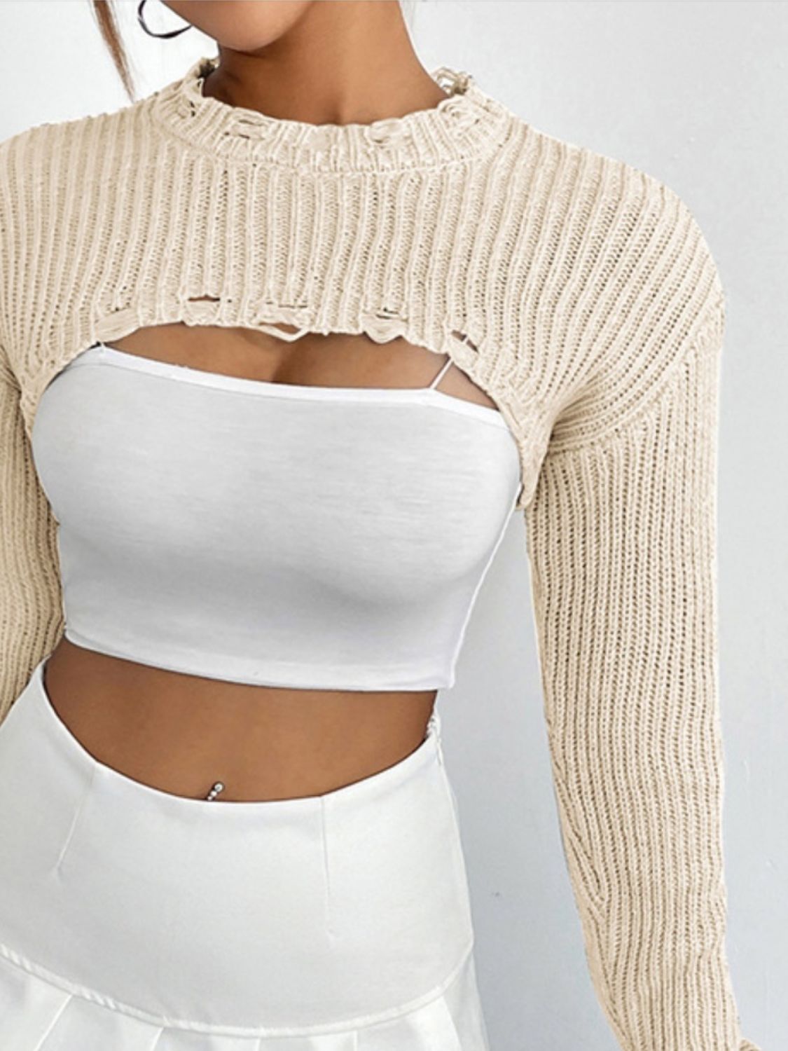 Distressed Long Sleeve Cropped Sweater - Fashorio