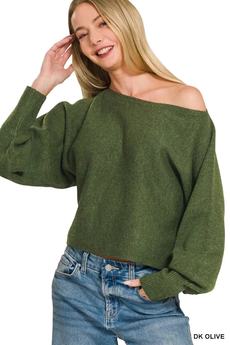 Dark olive boat neck balloon sleeve sweater front view