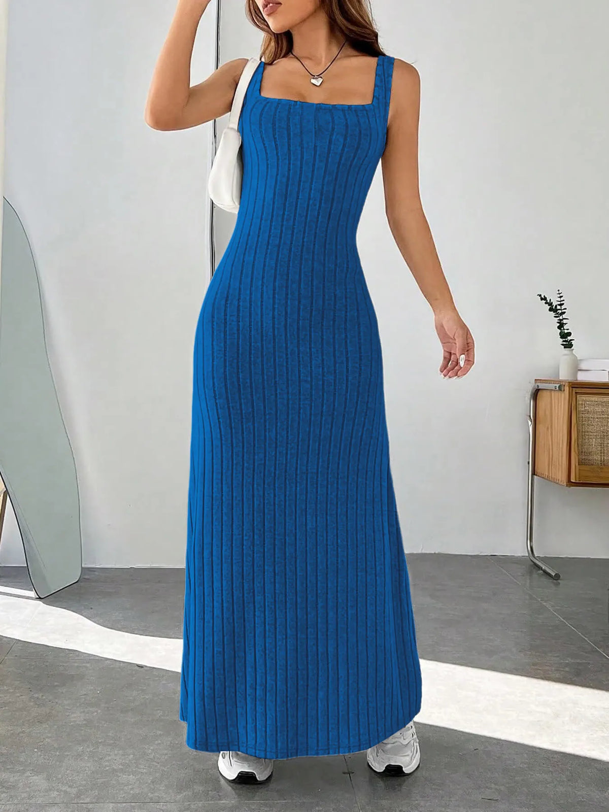 ribbed knit square neck sleeveless maxi dress back view