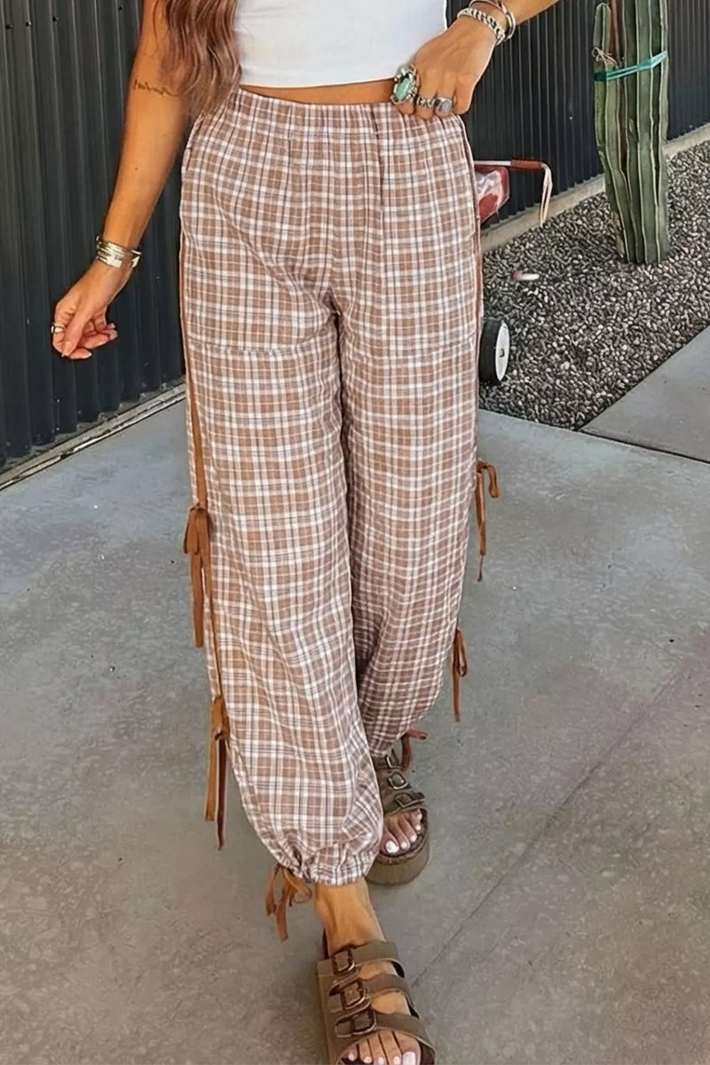 Camel plaid tie detail casual pants front view
