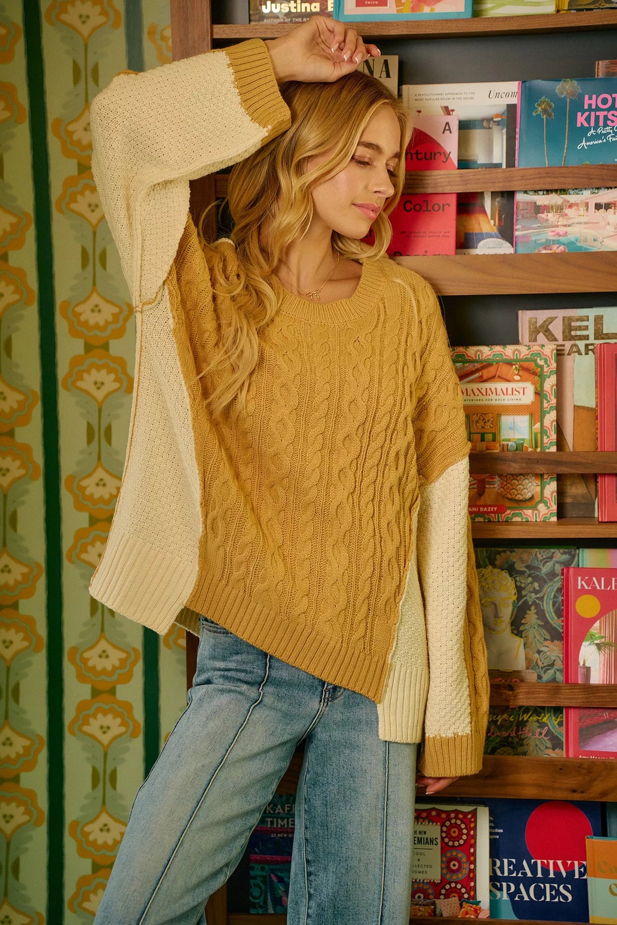 Cable Knit Uneven Hem Sweater in Mustard and Ivory view 10