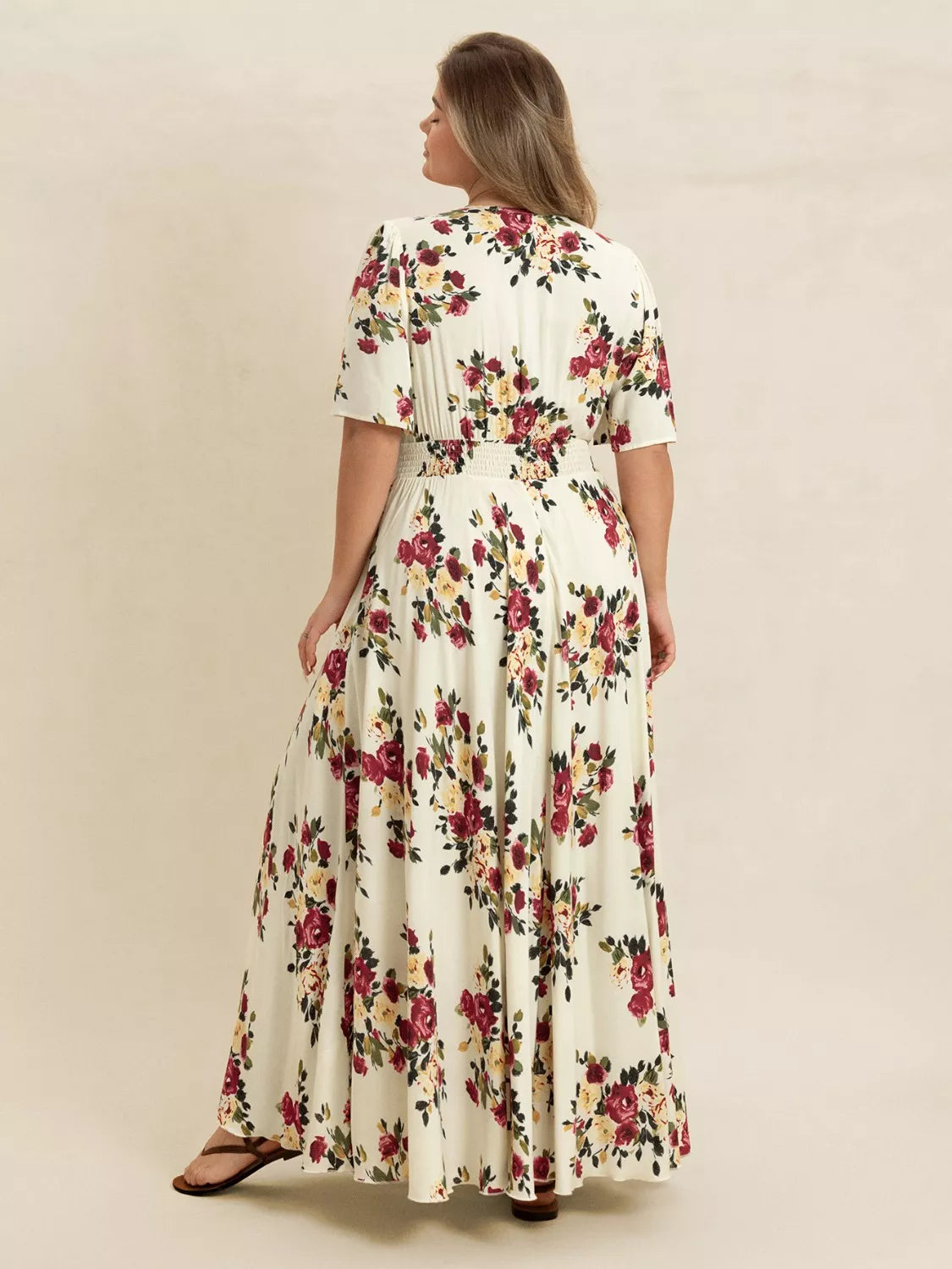 Pastel yellow floral flutter sleeve button front maxi dress styled look