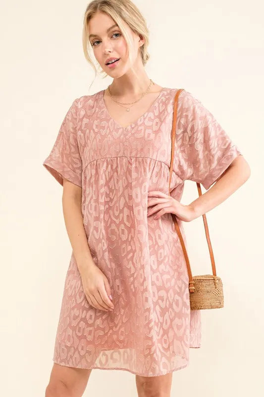 Woven Leopard Baby Doll Roll Sleeve Casual Dress styled look