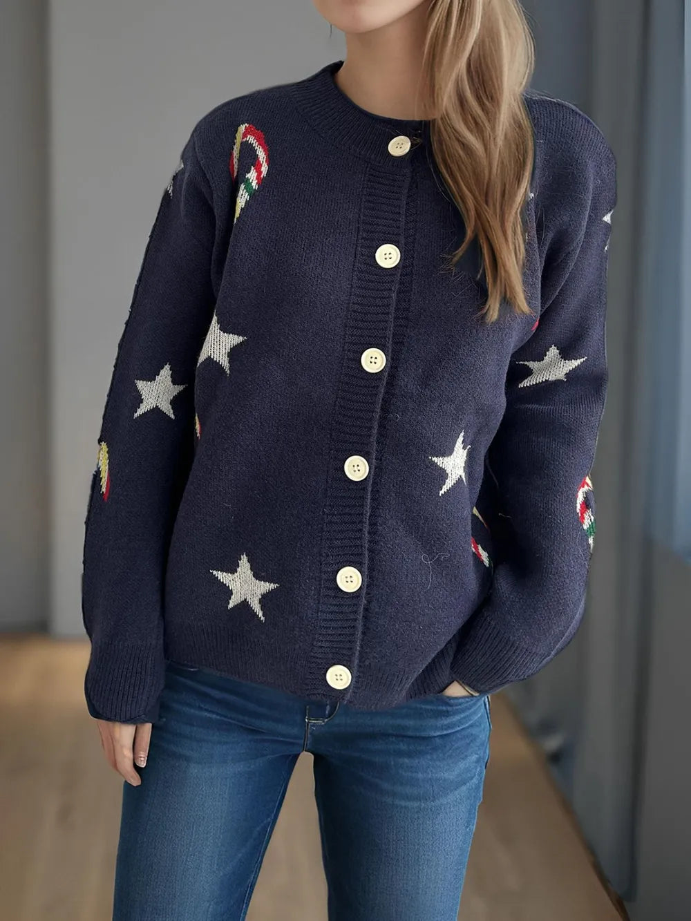 Candy Cane & Star Button Down Long Sleeve Cardigan - Fashorio