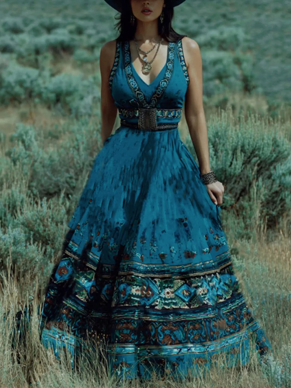 Blue printed V neck maxi dress front view