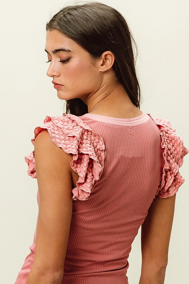 BiBi Rib Knit With Textured Ruffled Top - Fashorio
