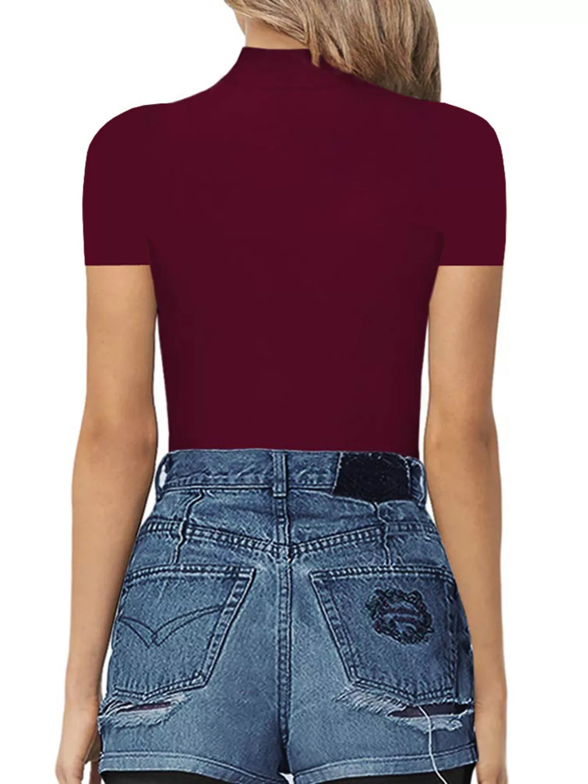 Mock neck short sleeve bodysuit back view