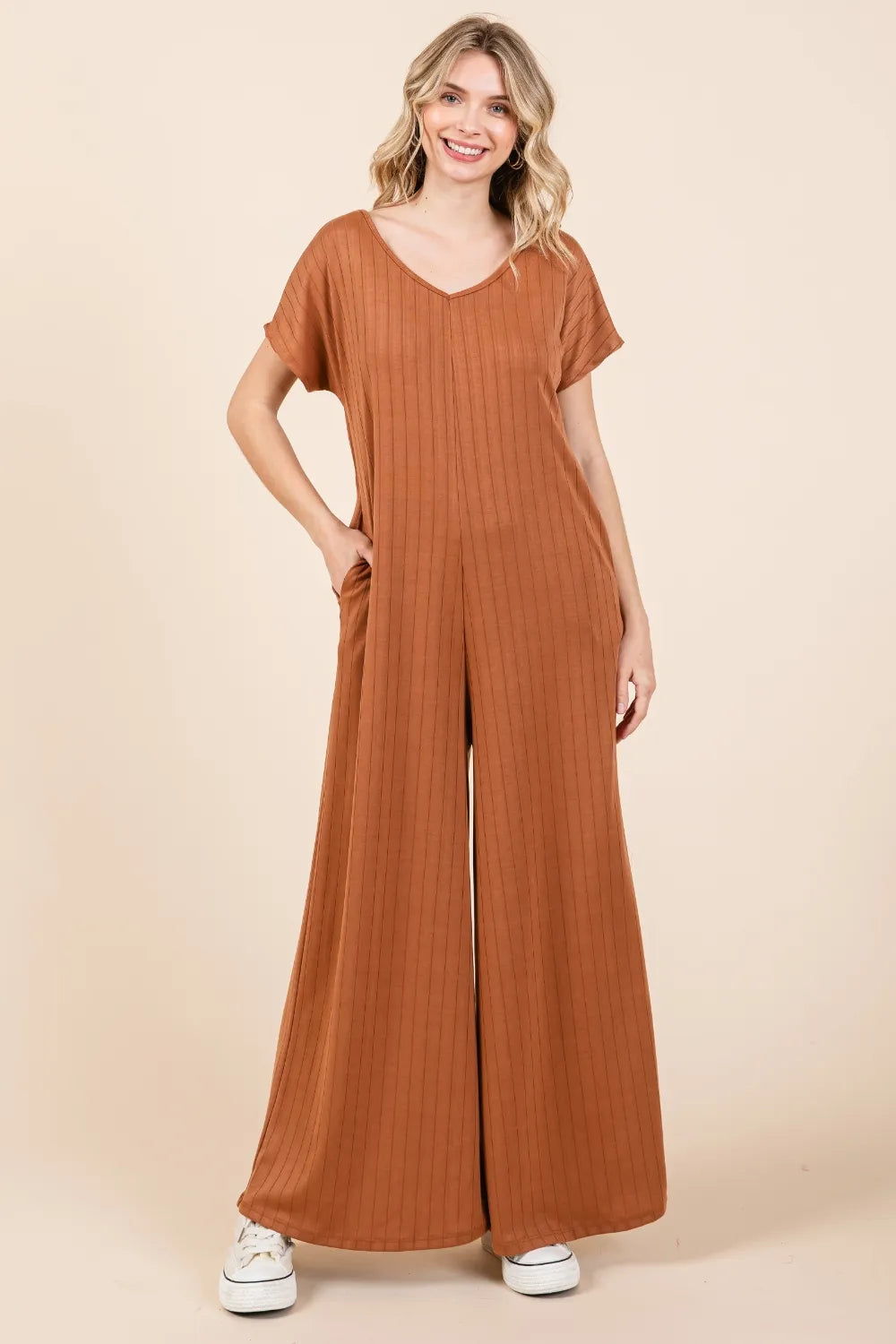 Ribbed Short Sleeve Wide Leg Jumpsuit side view