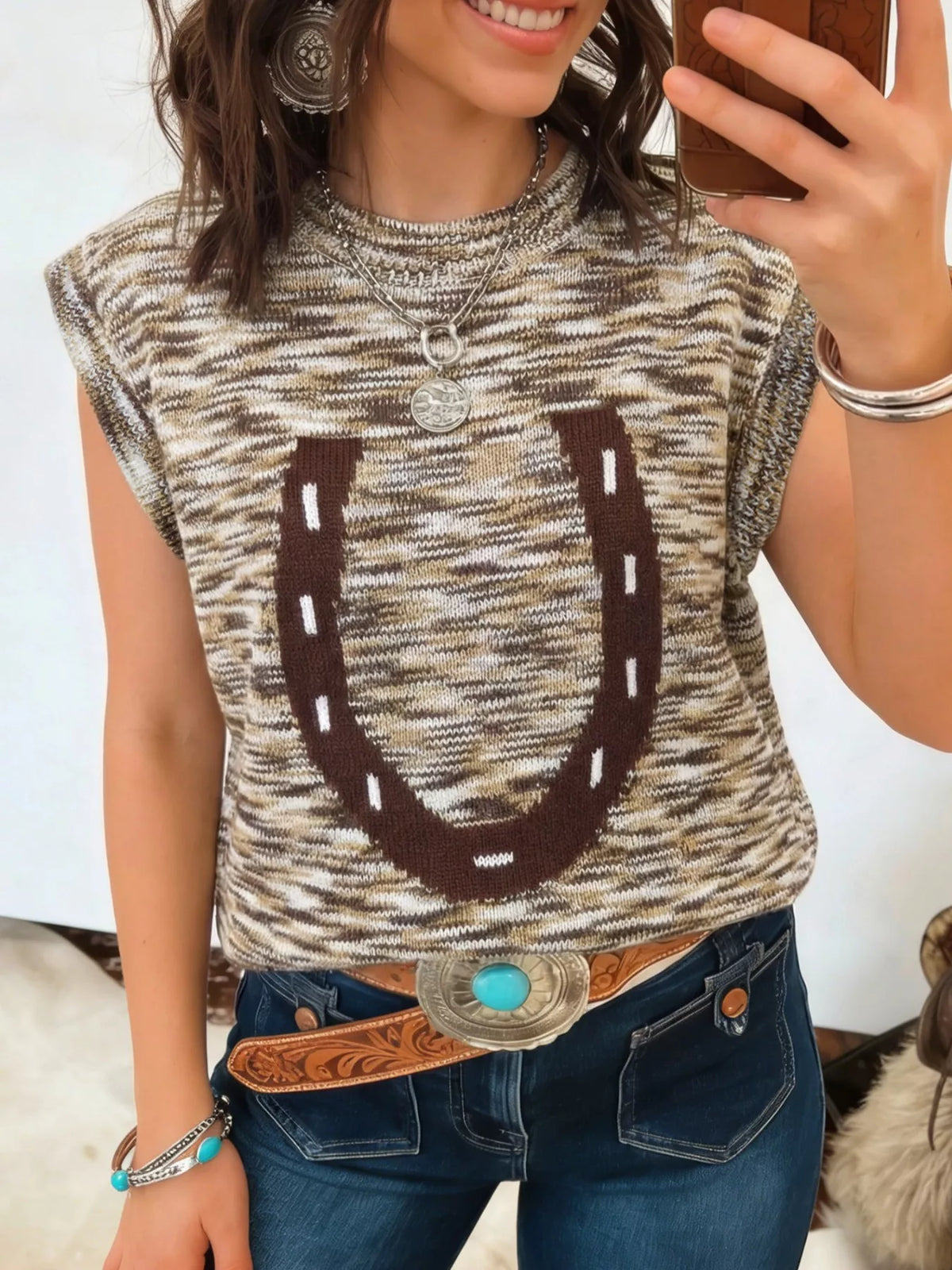 Mocha western horseshoe knit sweater vest front view