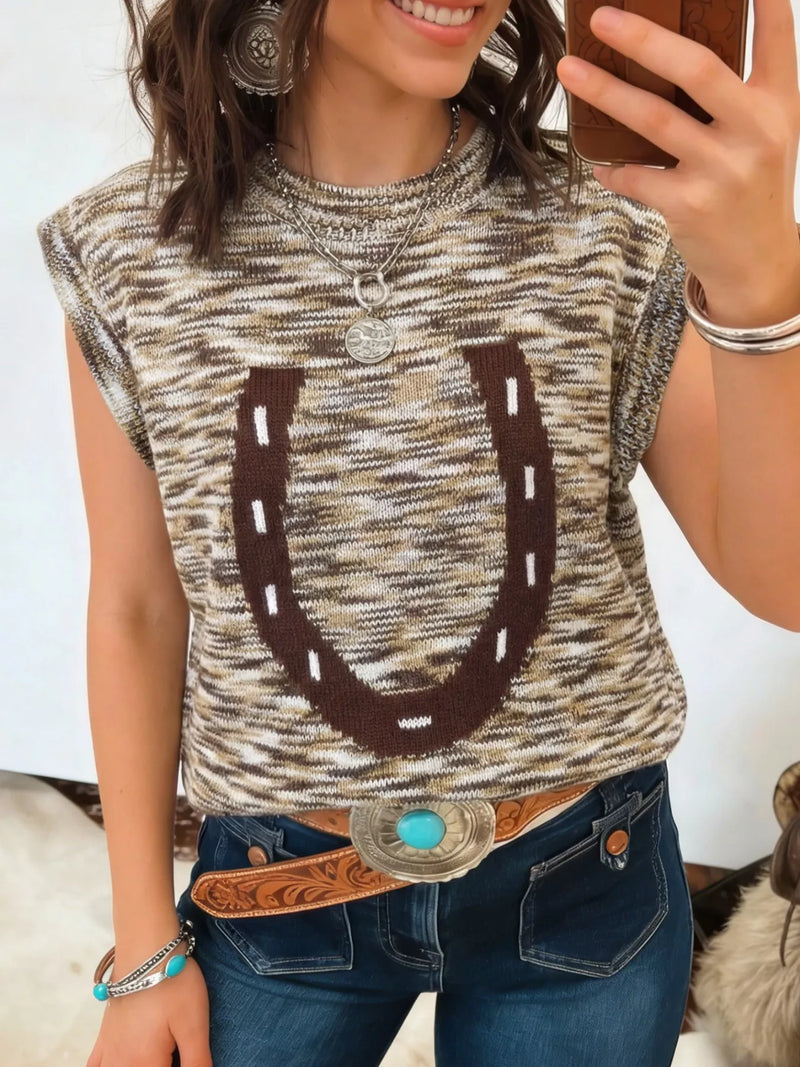 Mocha western horseshoe knit sweater vest front view