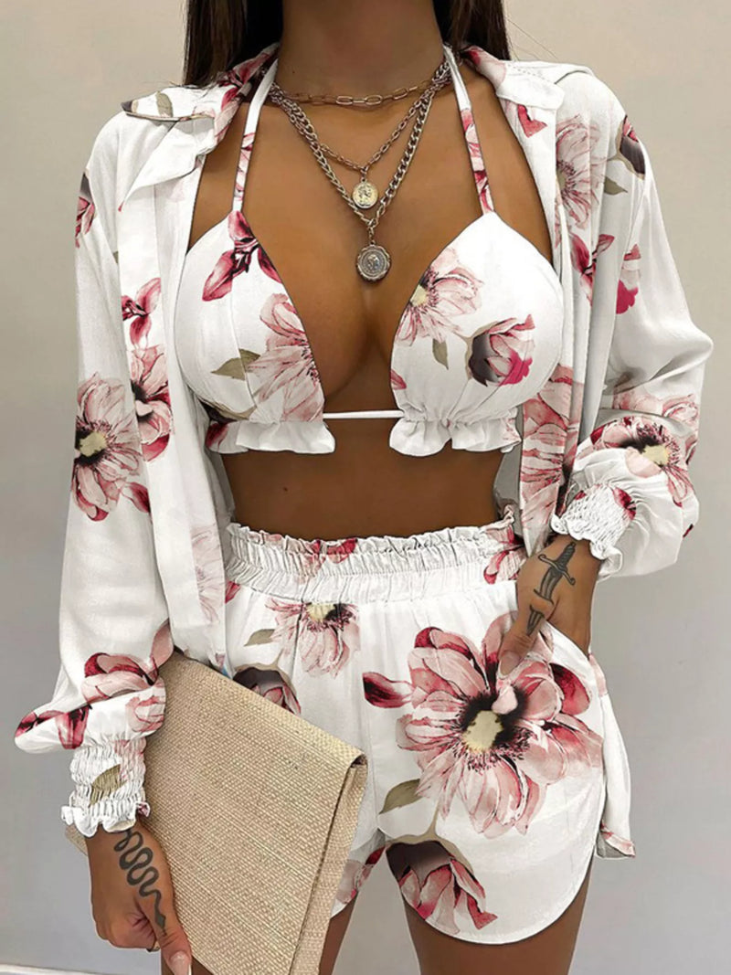 Smocked halter neck cami and shorts three piece set front view