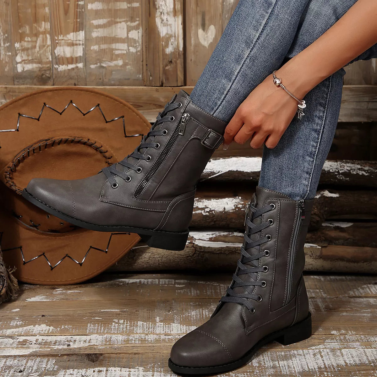 round toe block heel ankle boots upper detail