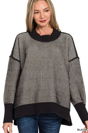Zenana Exposed Seam Two Tone Ribbed Sweater BLACK - Fashorio