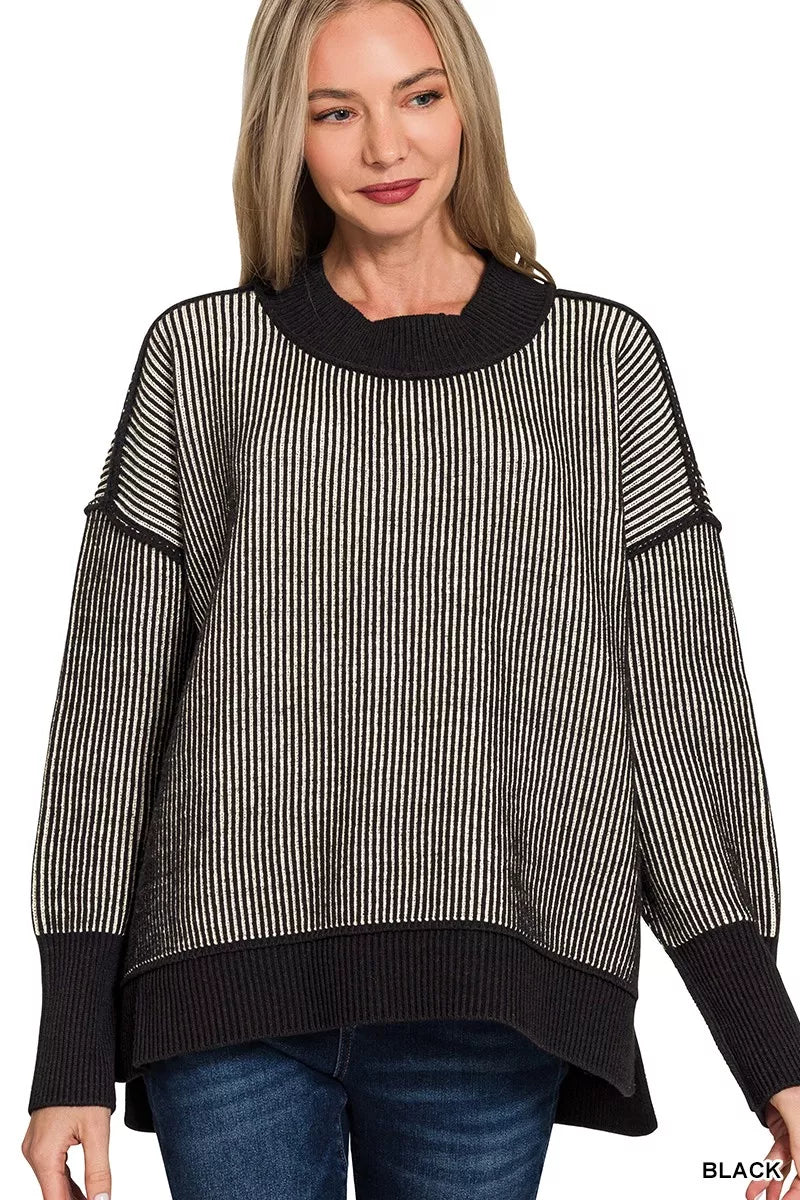 Zenana Exposed Seam Two Tone Ribbed Sweater BLACK - Fashorio