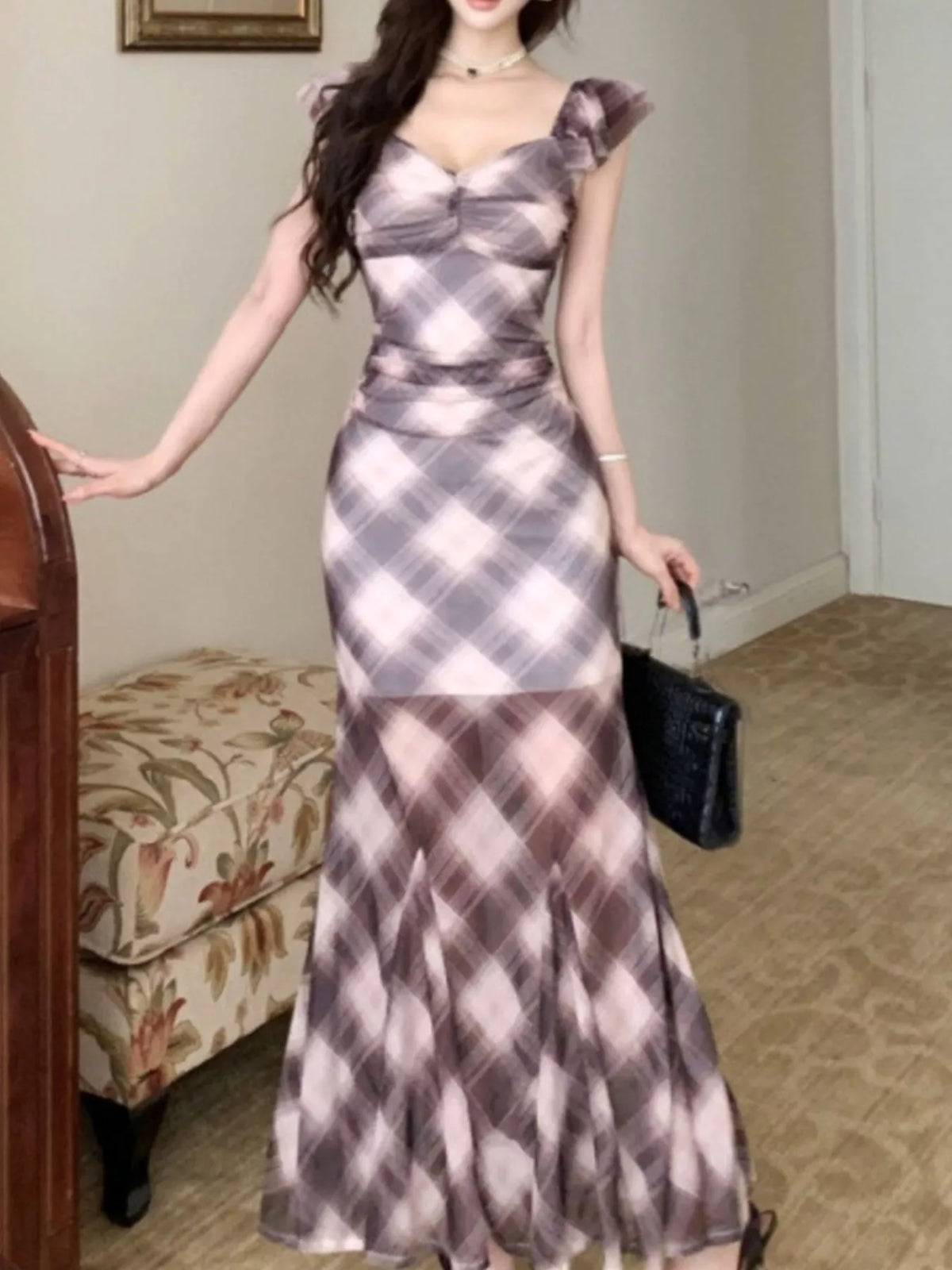 Plaid ruffle cap sleeve bodycon dress close up view