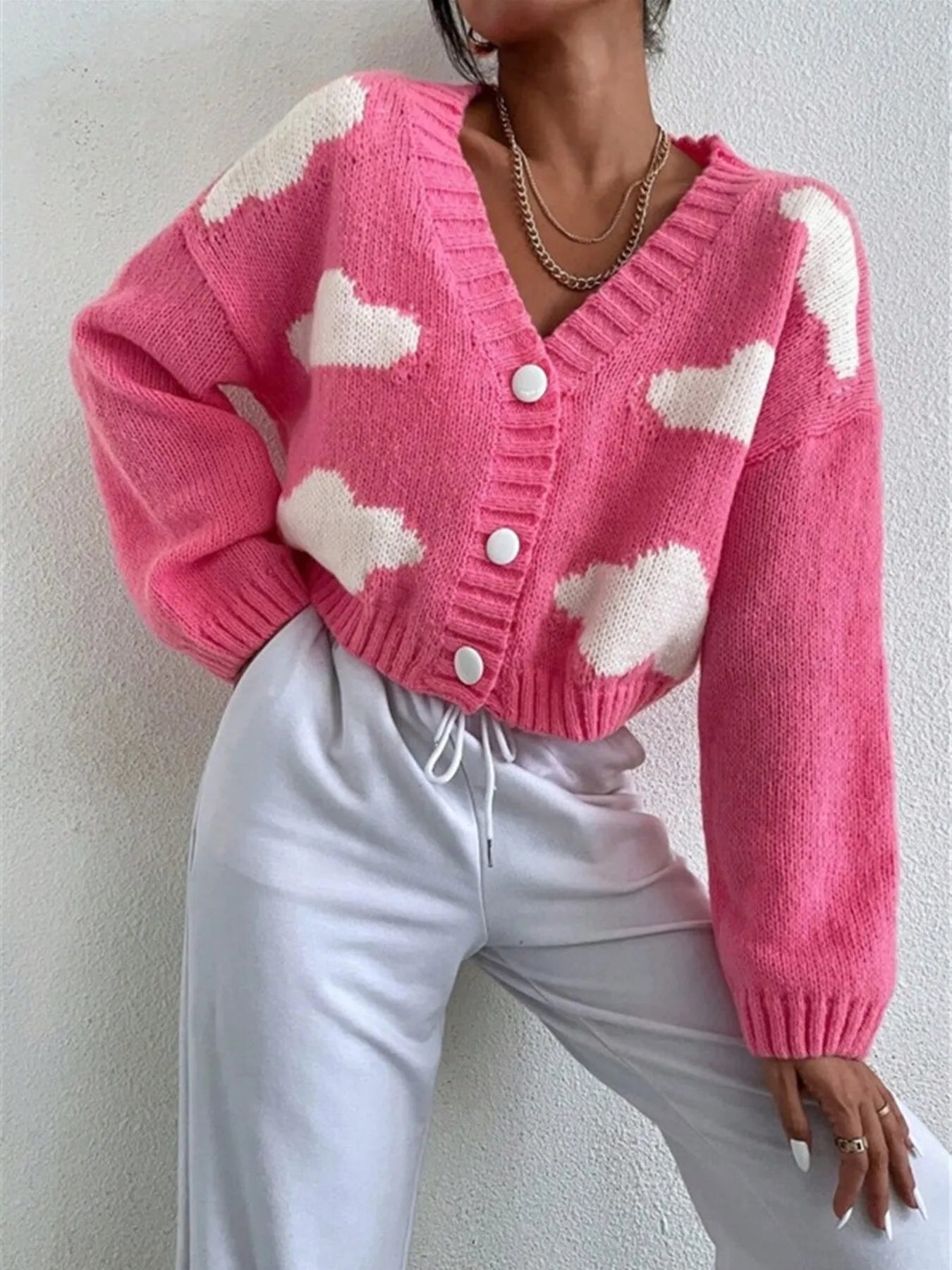 Contrast Cloud Pattern Cropped Button-Up Cardigan - Fashorio