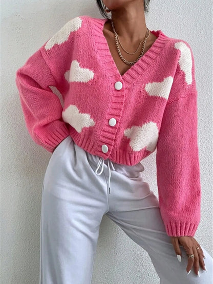 Contrast Cloud Pattern Cropped Button-Up Cardigan - Fashorio