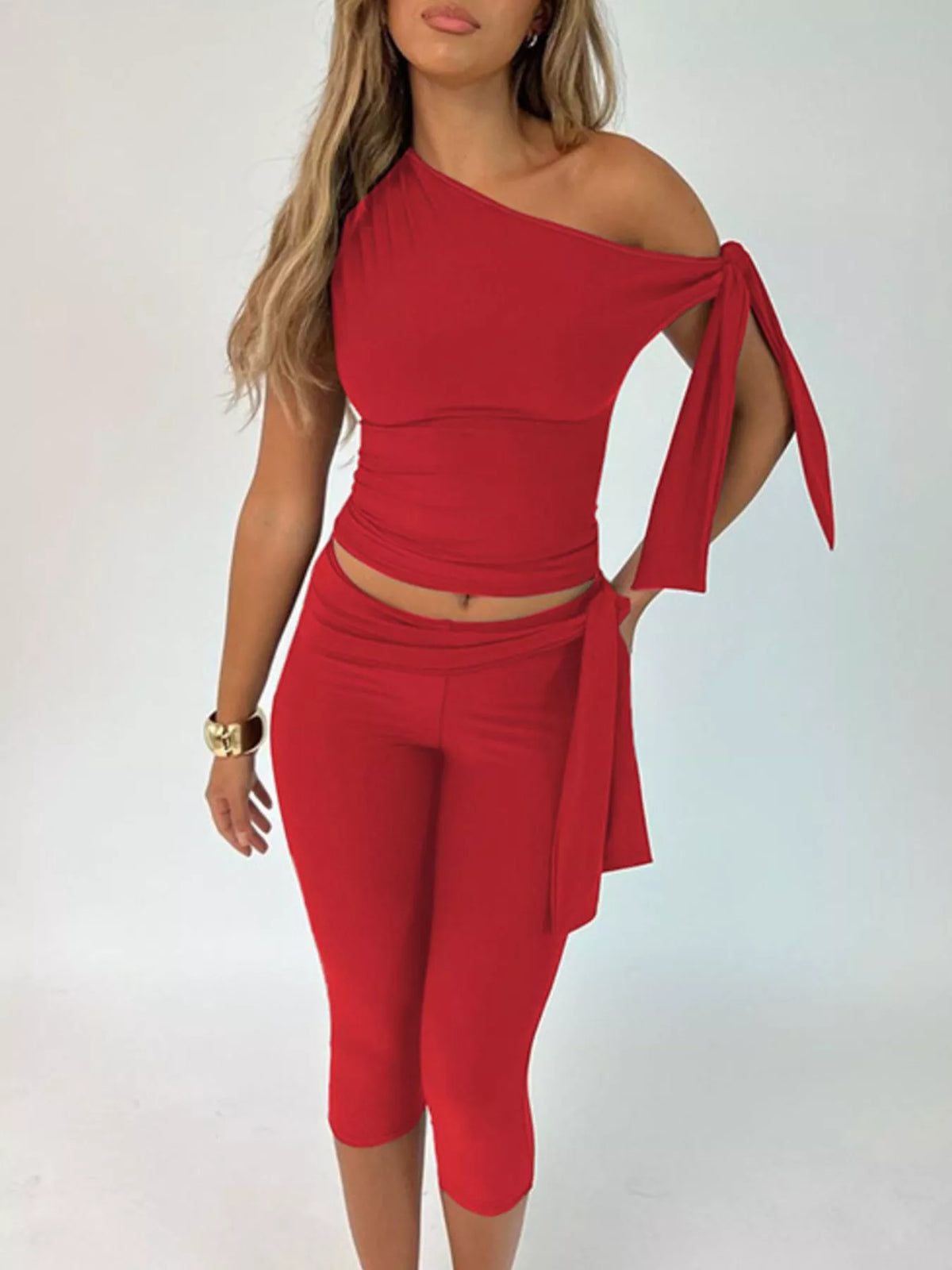 Asymmetrical One Shoulder Top and Capri Two Piece Set, view 6