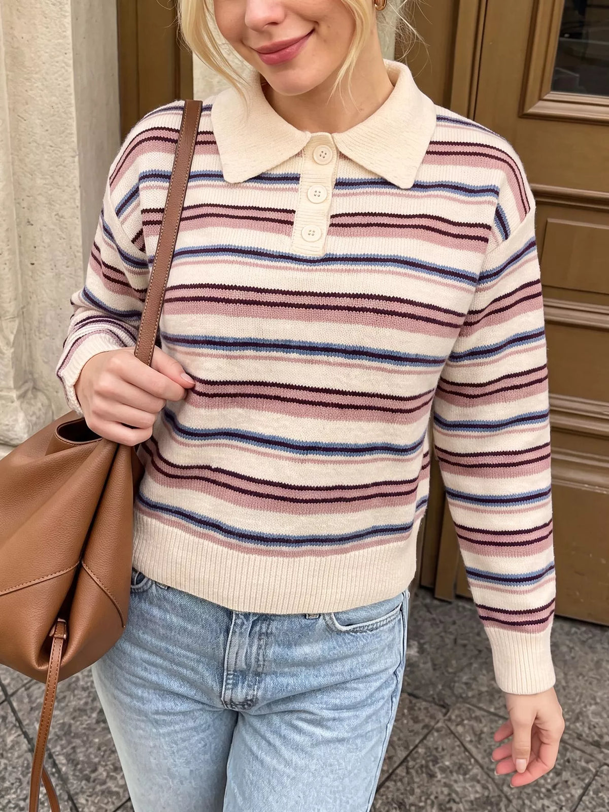 Striped Polo Collar Sweater in Pink back view