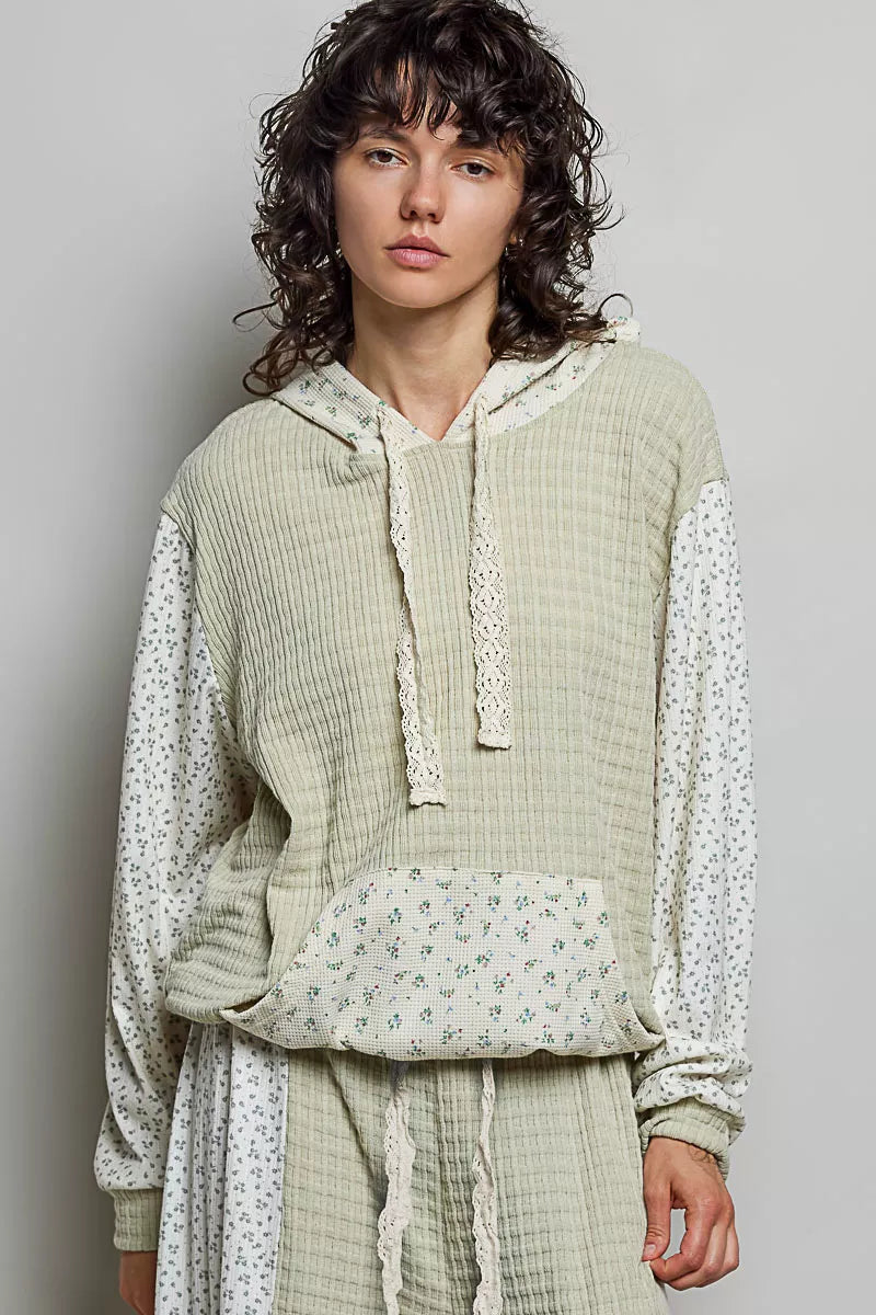 Sage mixed knit contrast sleeve hoodie front view