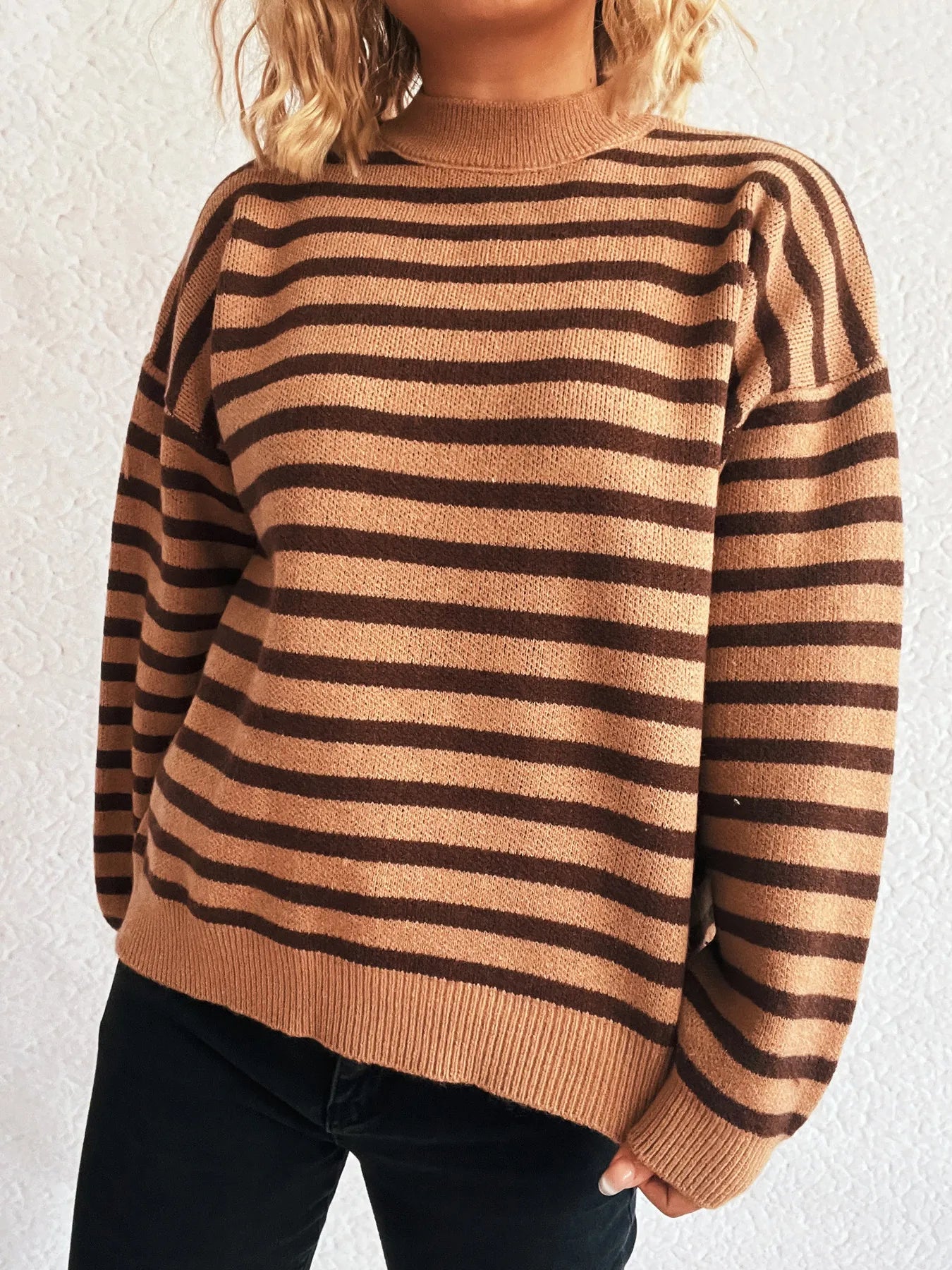 Striped Mock Neck Long Sleeve Sweater - Fashorio
