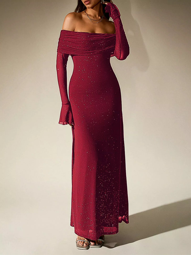 glitter off shoulder maxi dress front view