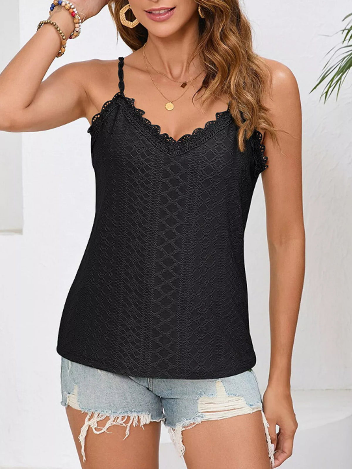 Lace trim V neck cami front view