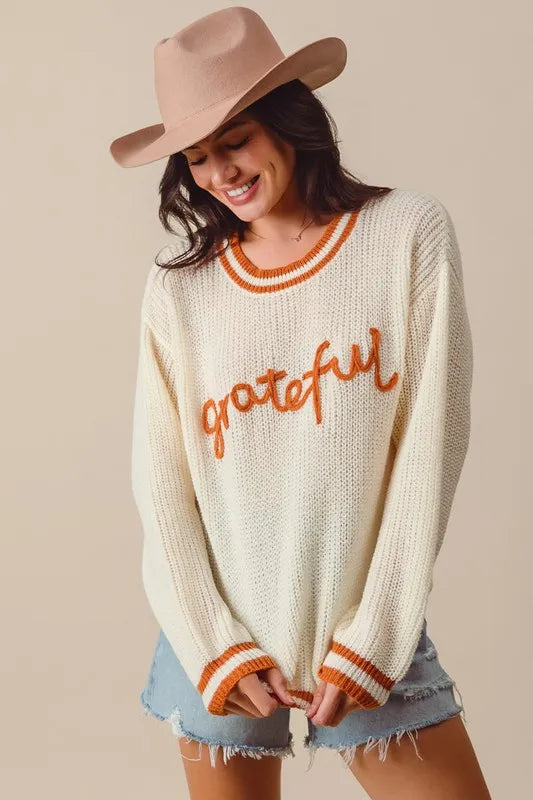 SO ME Thanksgiving Grateful Lettering Stitch Sweater - Fashorio