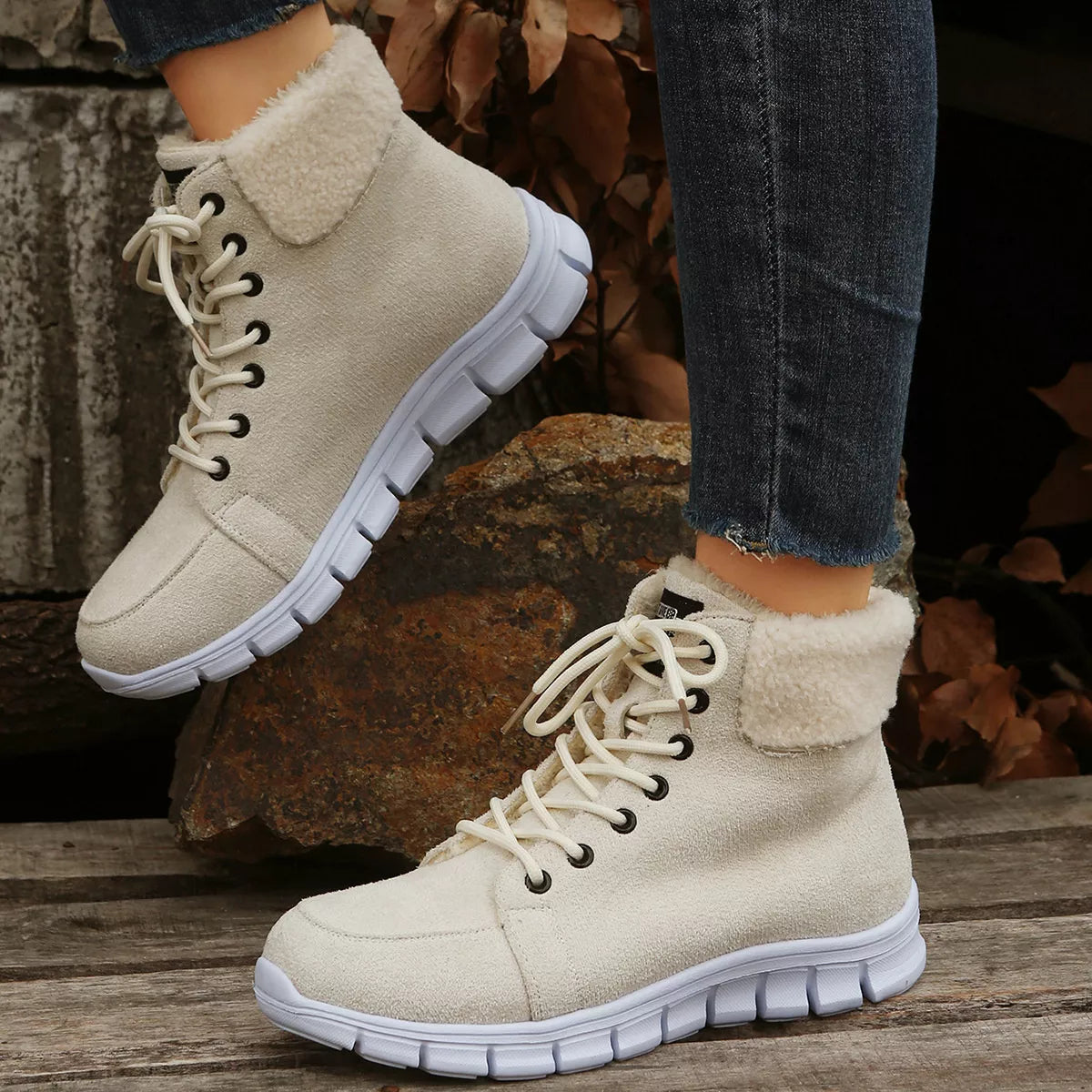 Lace Up Round Toe Boots styled with a dress