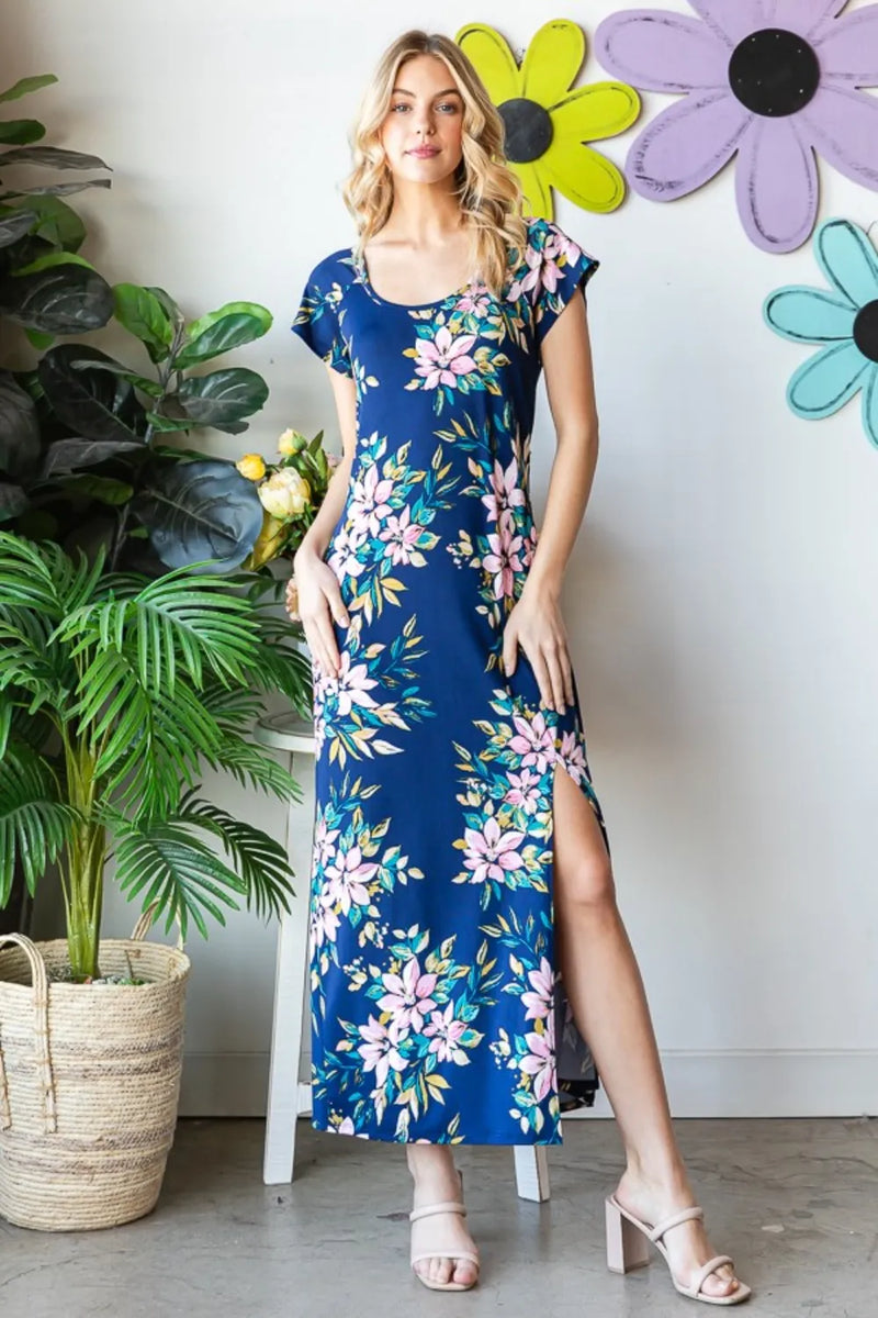 Heimish floral short sleeve slit dress in navy front view