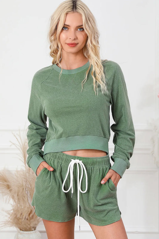 Round Neck Long Sleeve Top and Drawstring Shorts Lounge Set Gum Leaf - Fashorio