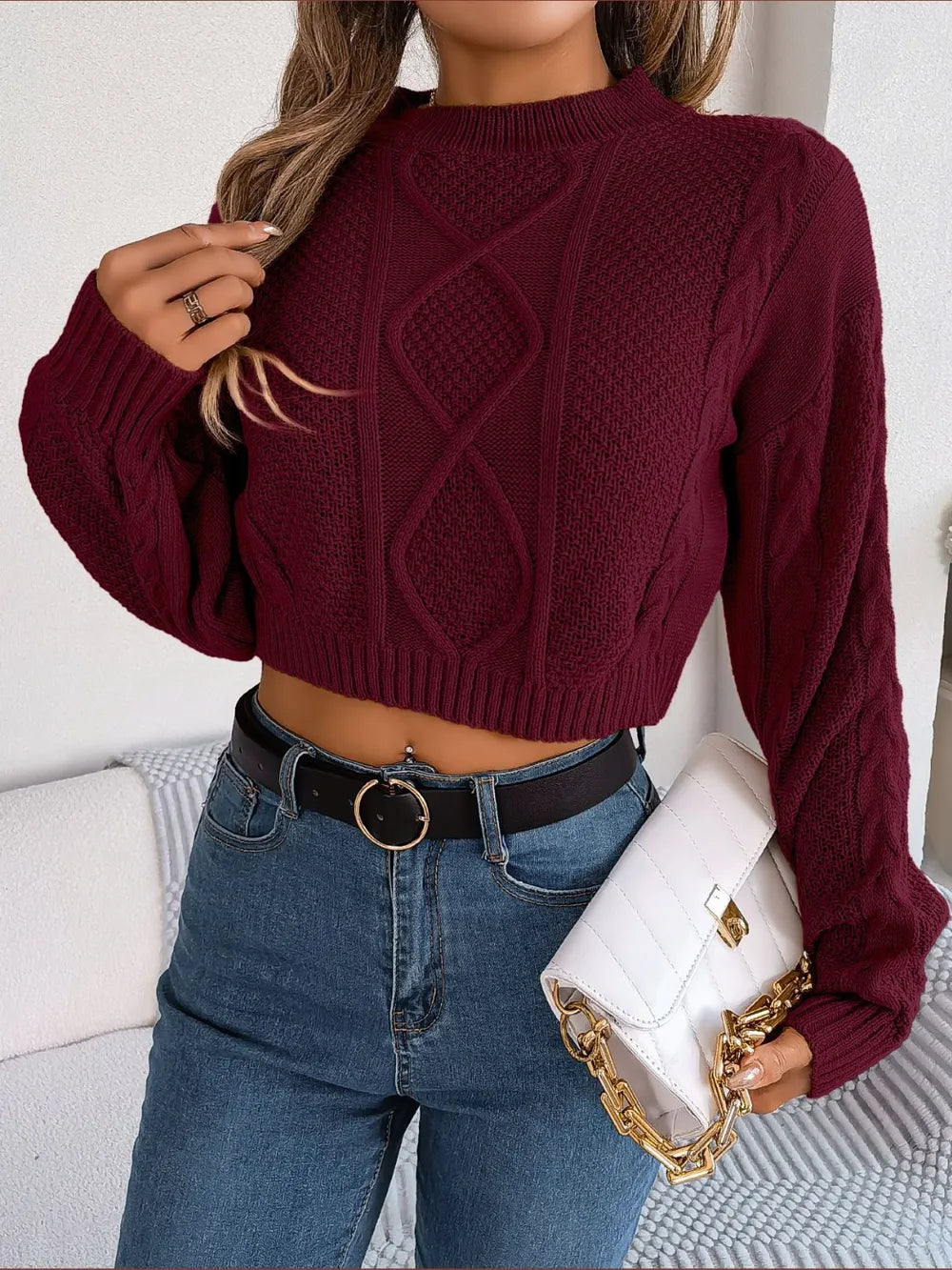 Cable-Knit Round Neck Cropped Sweater - Fashorio