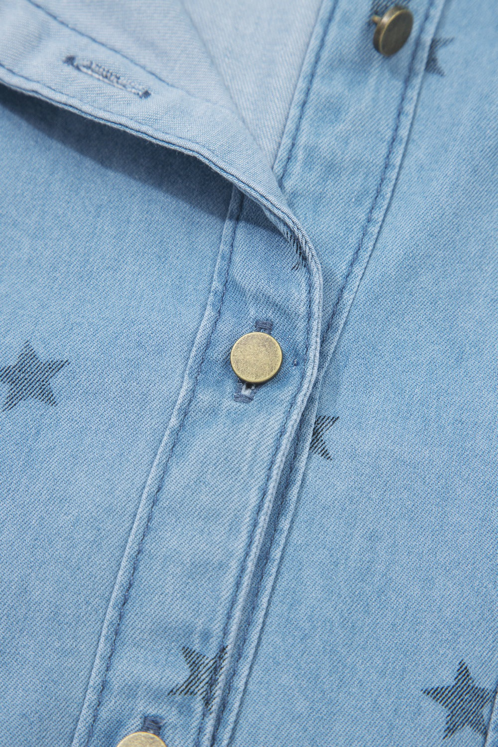 Light blue short sleeve denim shirt alternate front view