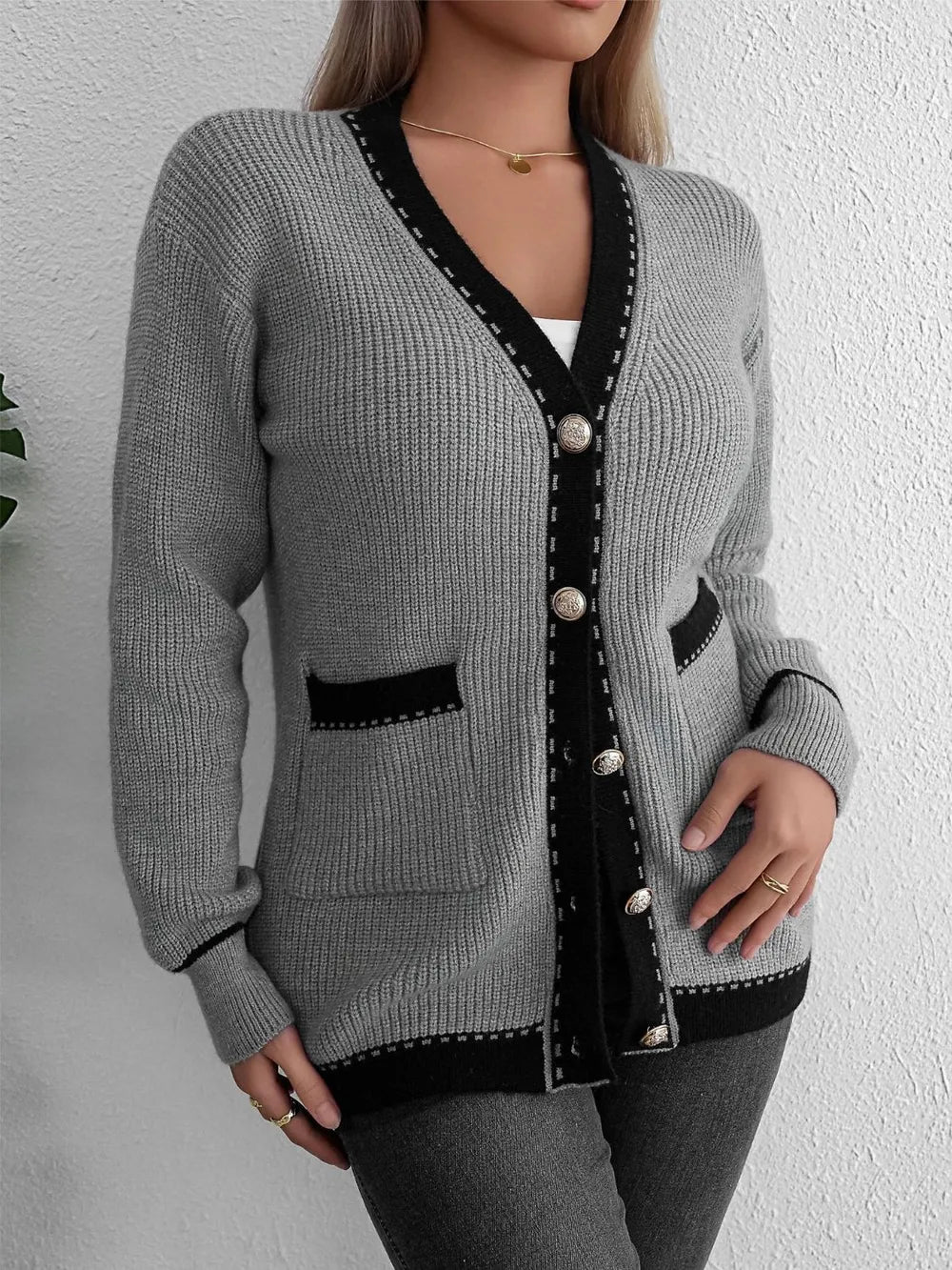 Contrast Trim Button Up Long Sleeve Cardigan - Fashorio