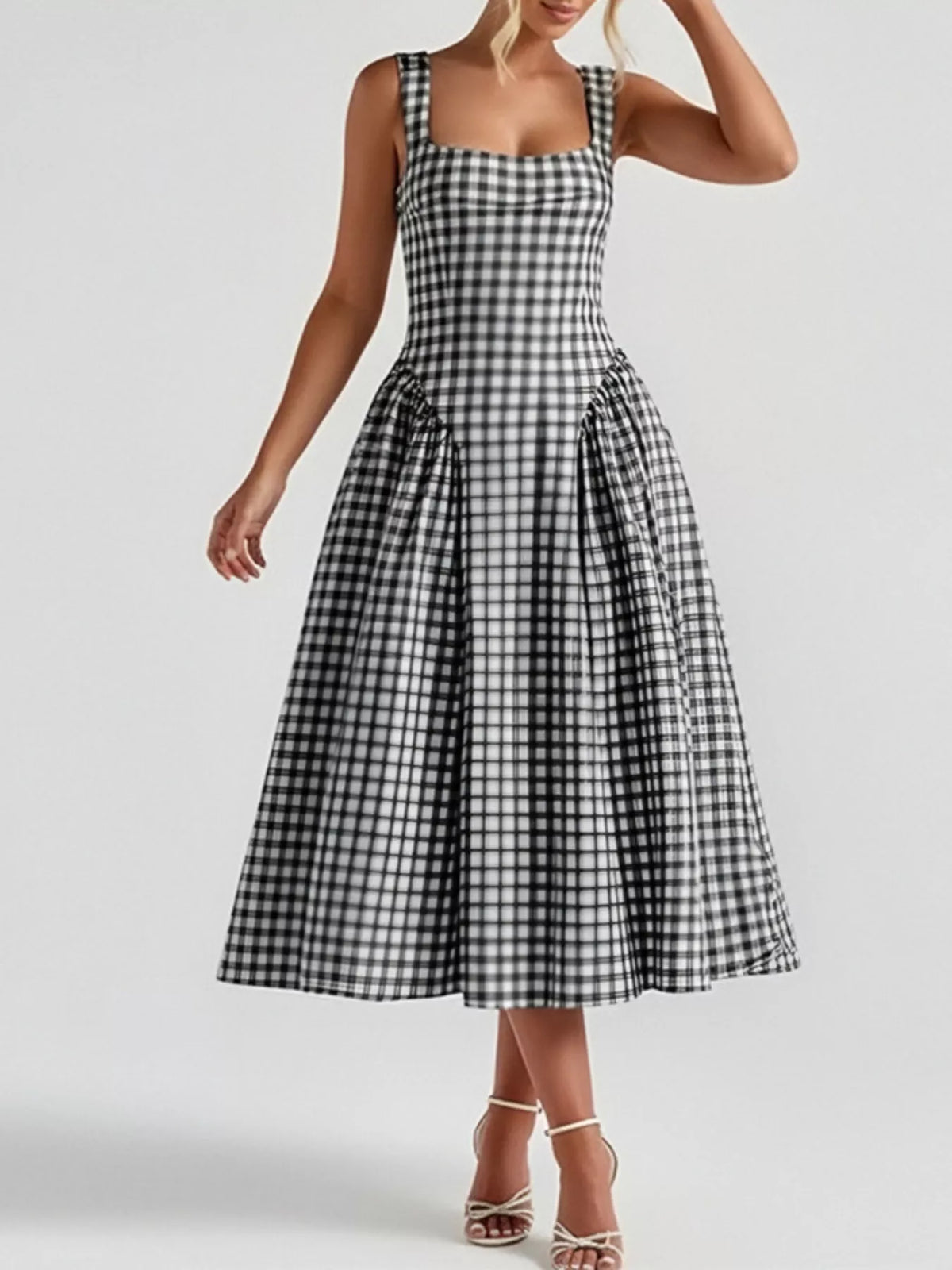 Plaid Square Neckline Midi Dress, view 13
