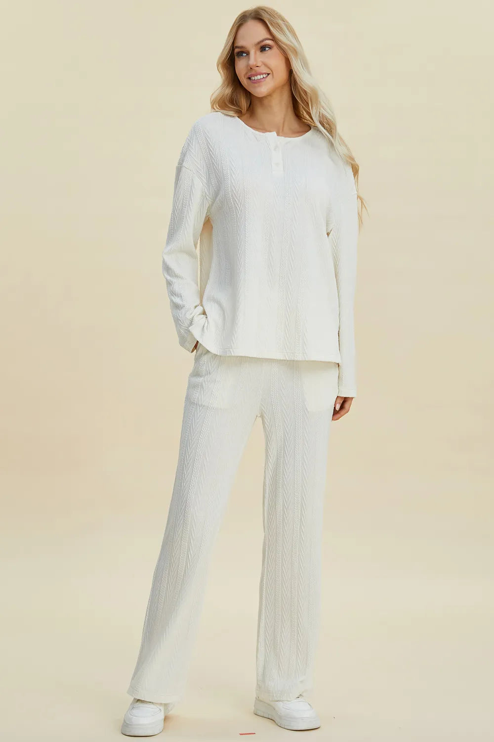 Back view of the cable knit top and matching pants
