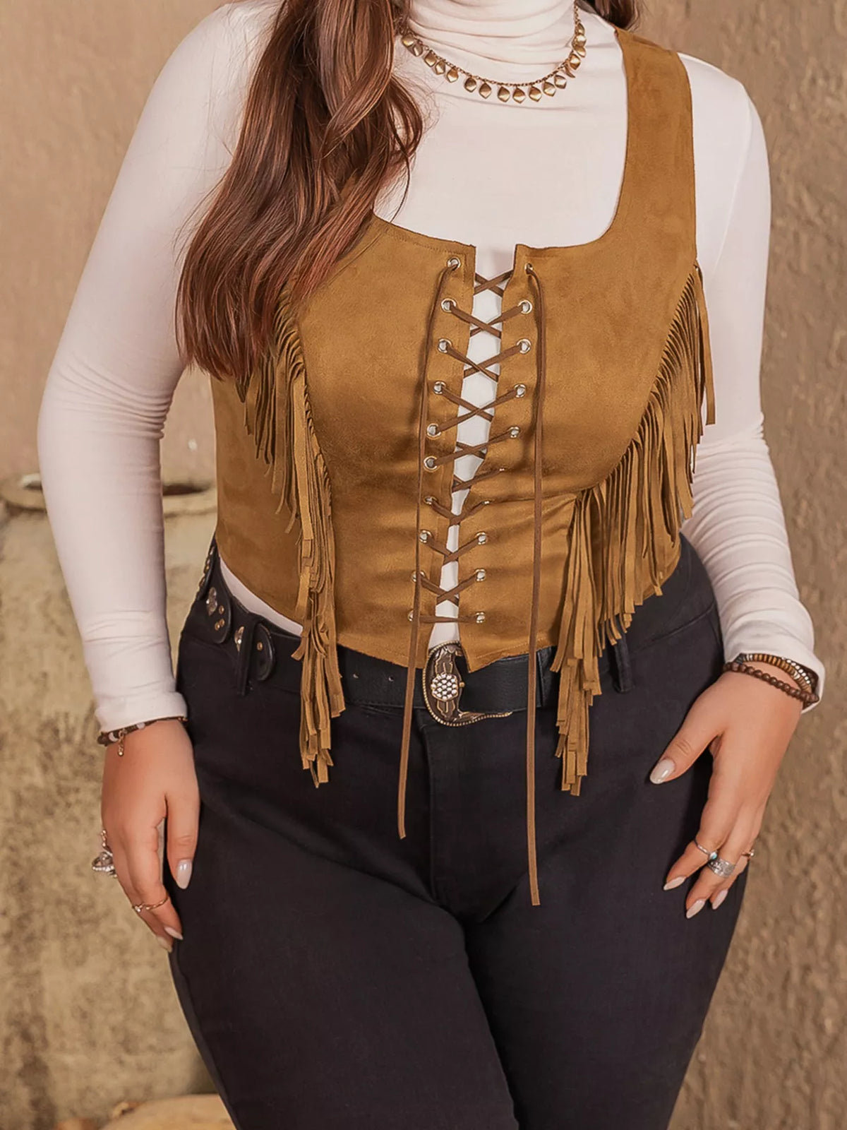 Fringed Lace Up Suede Vest, view 6