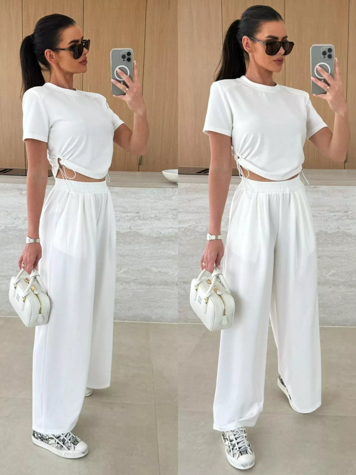 Wide leg pants set drawstring crop top detail