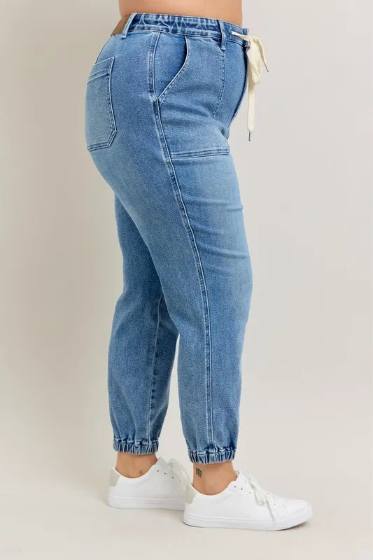 High waist denim joggers waistband close up