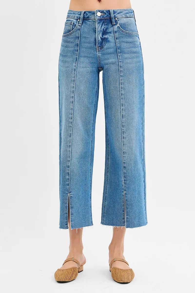 RISEN wide leg jeans side view showing cropped length