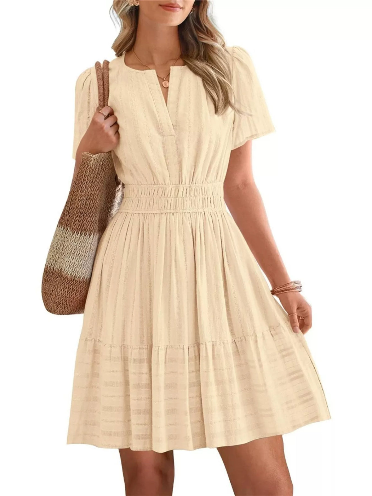 Short sleeve smocked waist tiered midi dress styled view